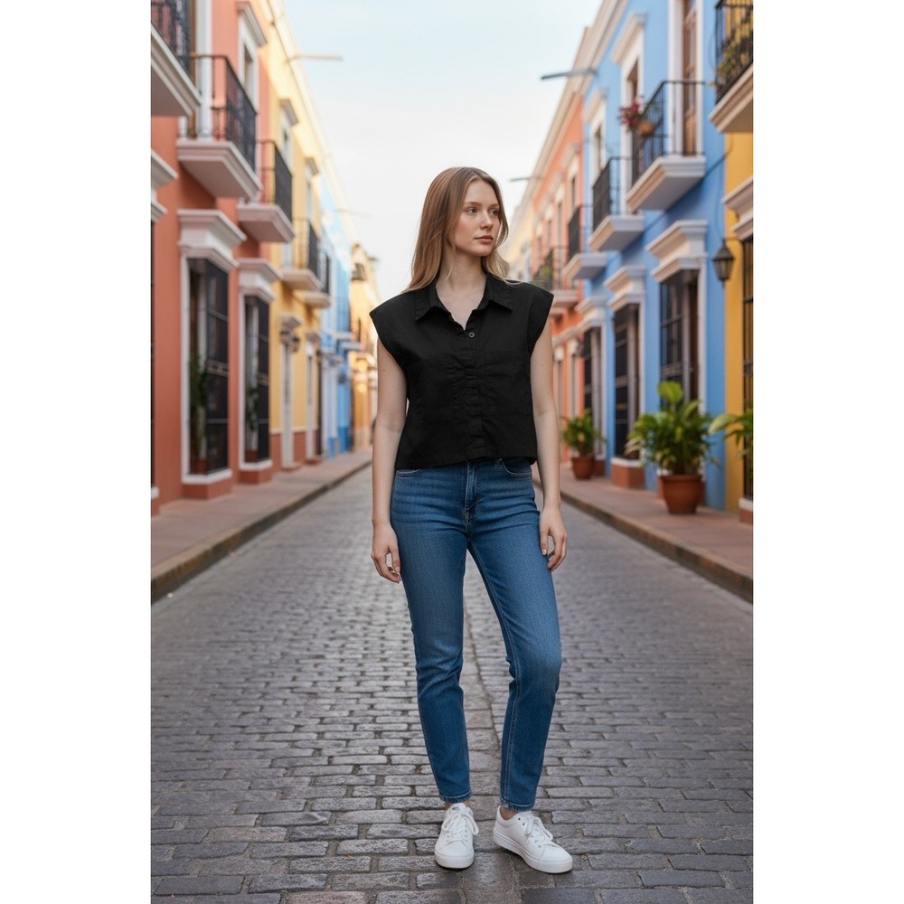 Pistola Black Crop Cam Short Sleeve Button Down Shirt X Small Shoulder Pads